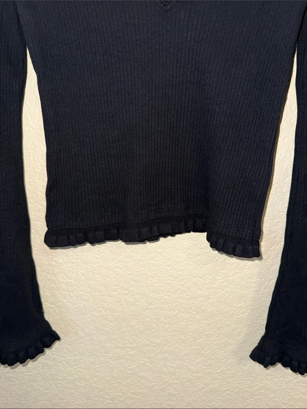 ZARA Black Ribbed Ruffle Trim V Neck Long Sleeve Top M NWT Cottagecore